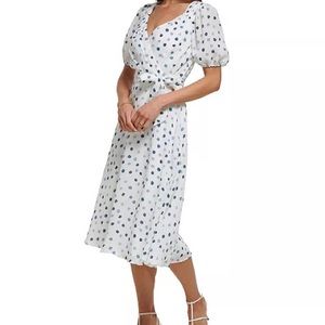 DKNY Polka Dot Puff Sleeve Belted Midi Dress